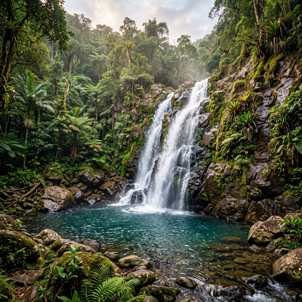 Pristine natural waterfall anchoring the sanctuary landscape
