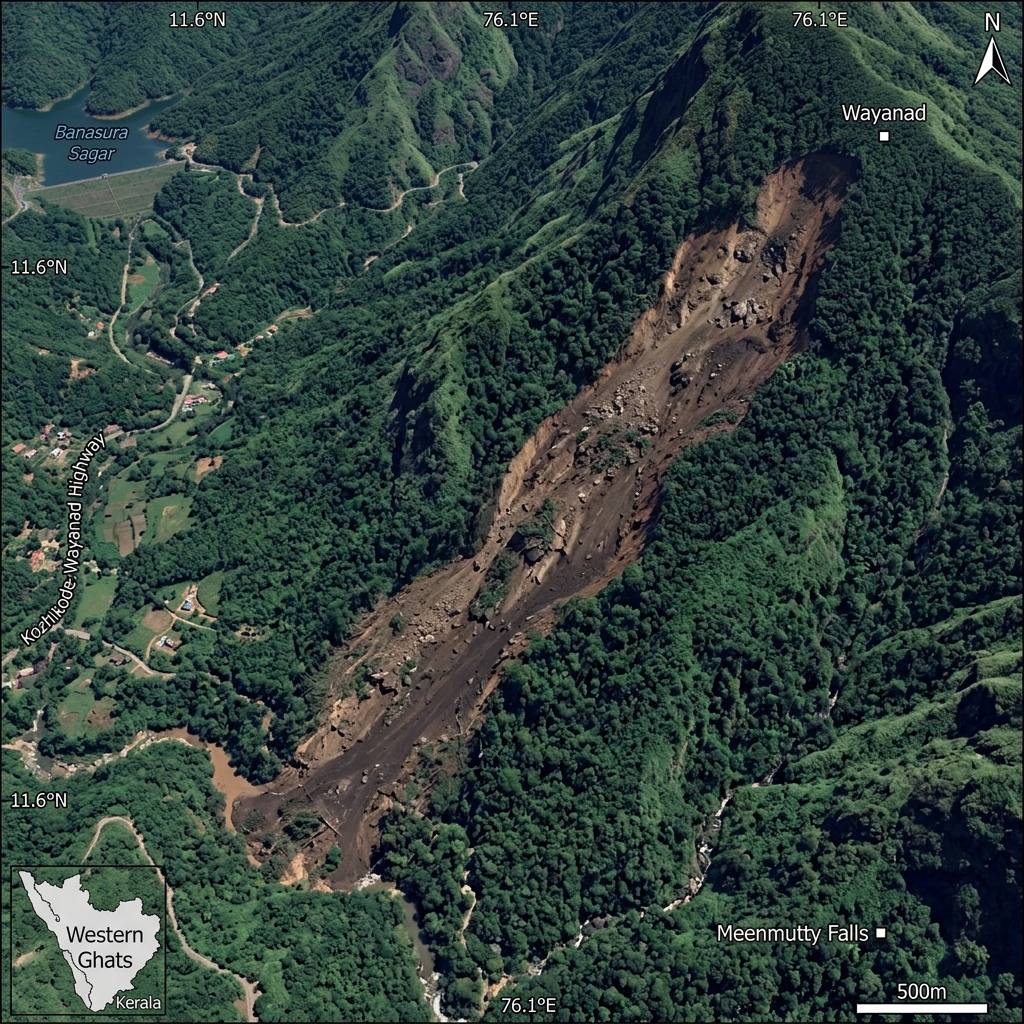 A satellite view of the Wayanad landslide tragedy in 2024 (To be sourced from ISRO)
